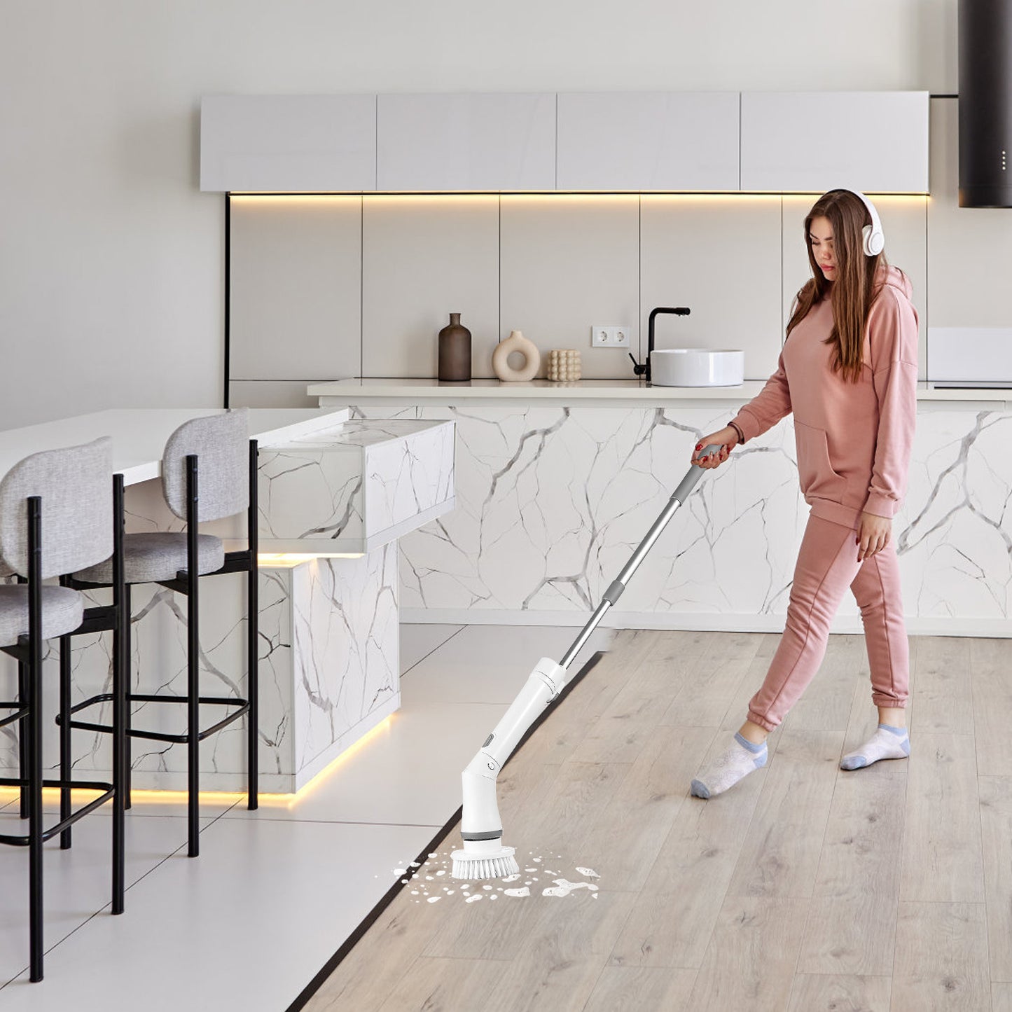 1Set Electric Spin Scrubber Cordless Rechargeable Telescopic Cleaning Brush 6 Replaceable Heads