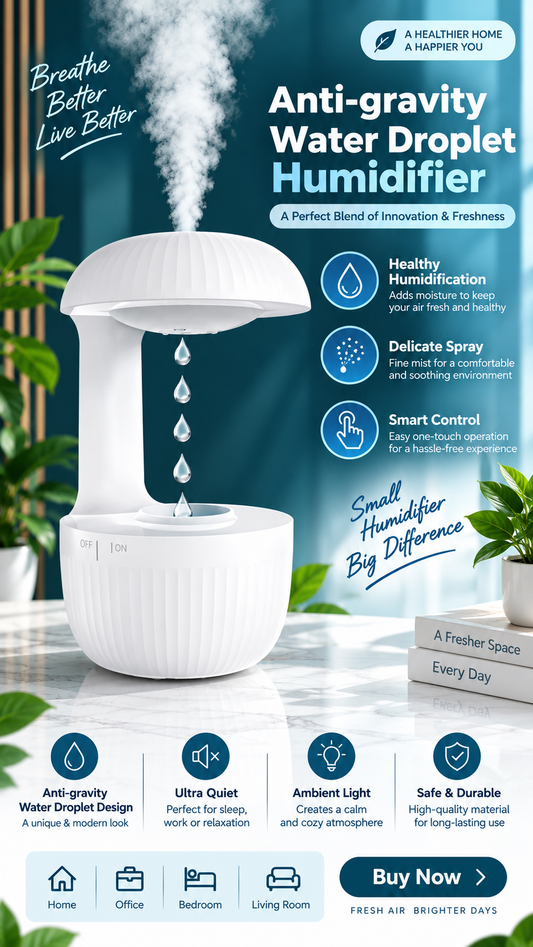 Anti-Gravity Water Droplet Humidifier with Cool Mist, Ambient Light & One-Touch Control