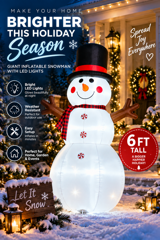 6FT Giant Inflatable Snowman with LED Lights – Outdoor Christmas Yard & Holiday Decoration