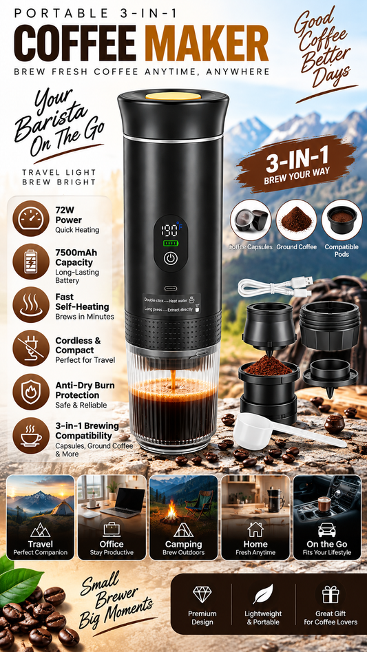 3-in-1 Portable Self-Heating Espresso Coffee Maker – 7500mAh Rechargeable Travel Brewer