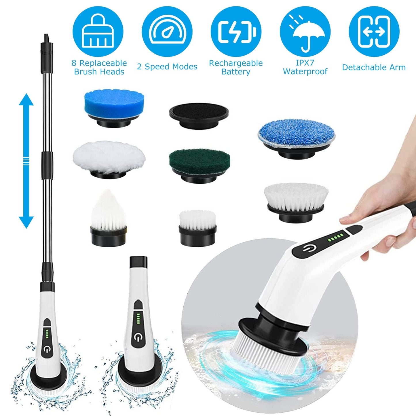 1Pc Electric Spin Scrubber Cordless Rechargeable Telescopic Cleaning Brush 8 Replaceable Heads