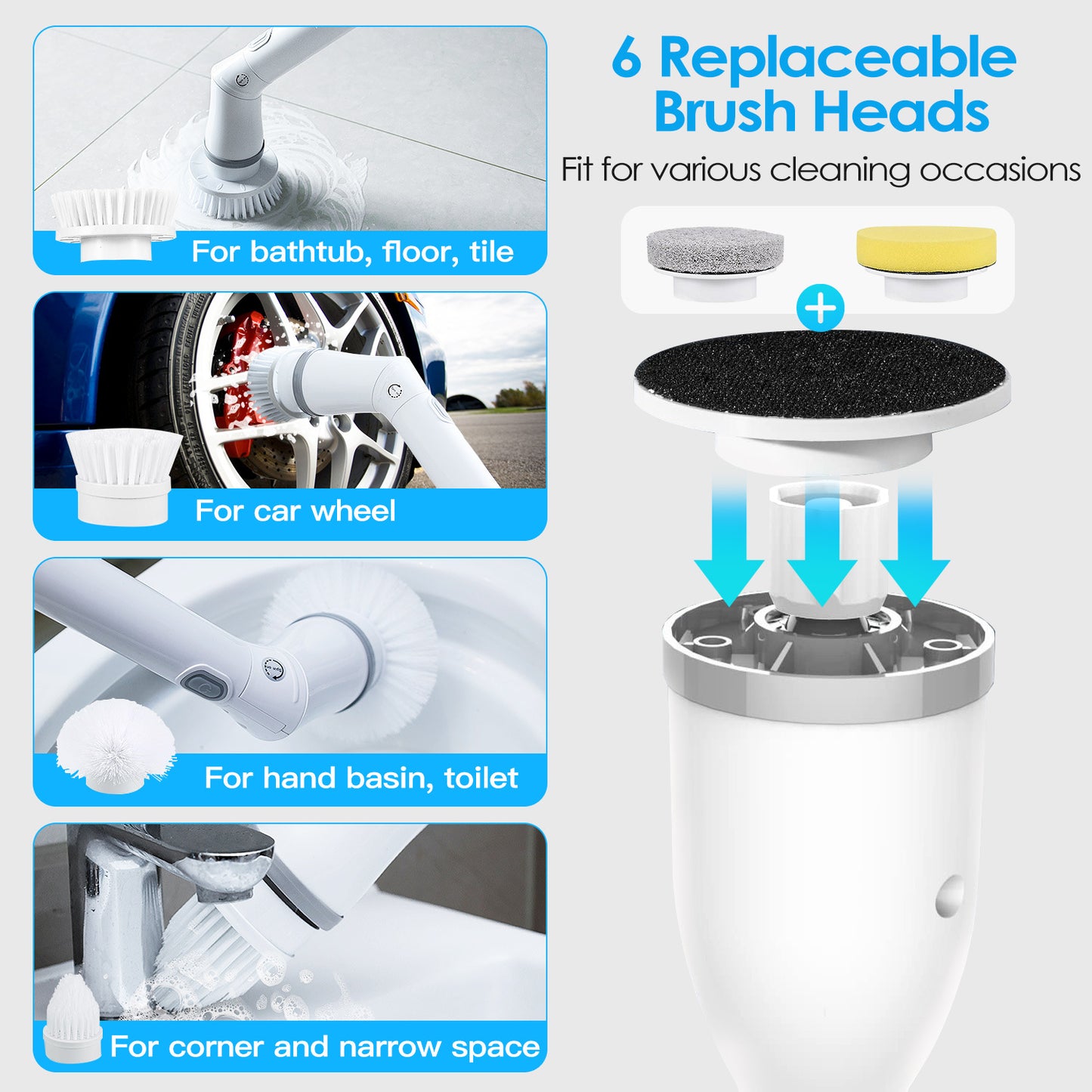 1Set Electric Spin Scrubber Cordless Rechargeable Telescopic Cleaning Brush 6 Replaceable Heads
