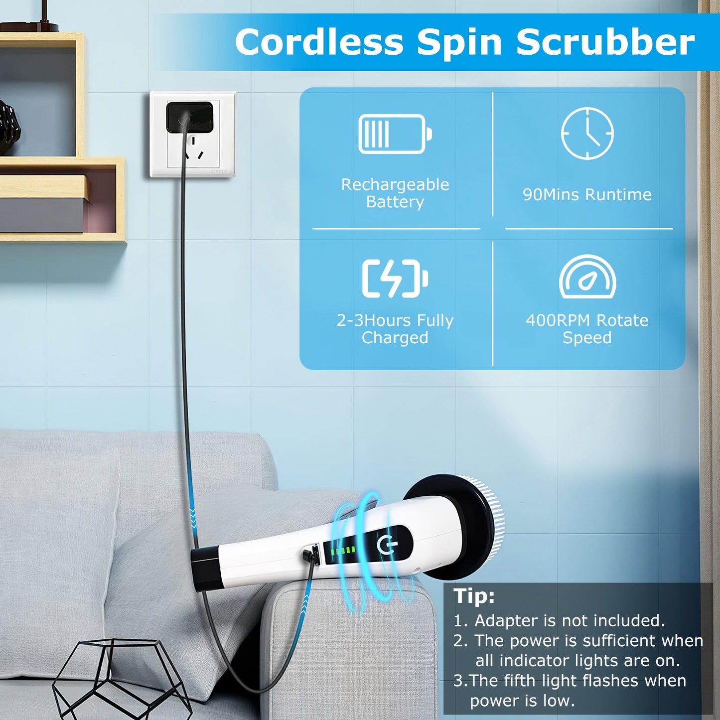1Pc Electric Spin Scrubber Cordless Rechargeable Telescopic Cleaning Brush 8 Replaceable Heads