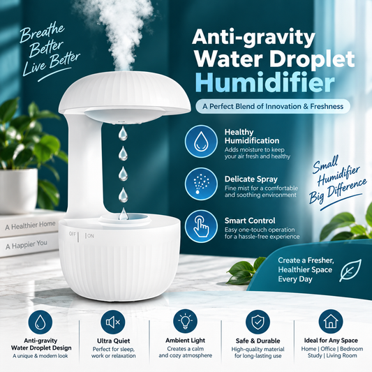 Anti-Gravity Water Droplet Humidifier with Cool Mist, Ambient Light & One-Touch Control