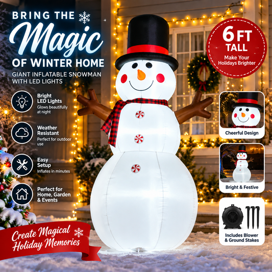 6FT Giant Inflatable Snowman with LED Lights – Outdoor Christmas Yard & Holiday Decoration