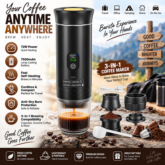 3-in-1 Portable Self-Heating Espresso Coffee Maker – 7500mAh Rechargeable Travel Brewer