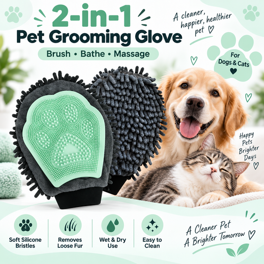 2-in-1 Pet Grooming & Bath Glove – Silicone Massage Brush with Microfiber Cleaning Mitt for Dogs & Cats