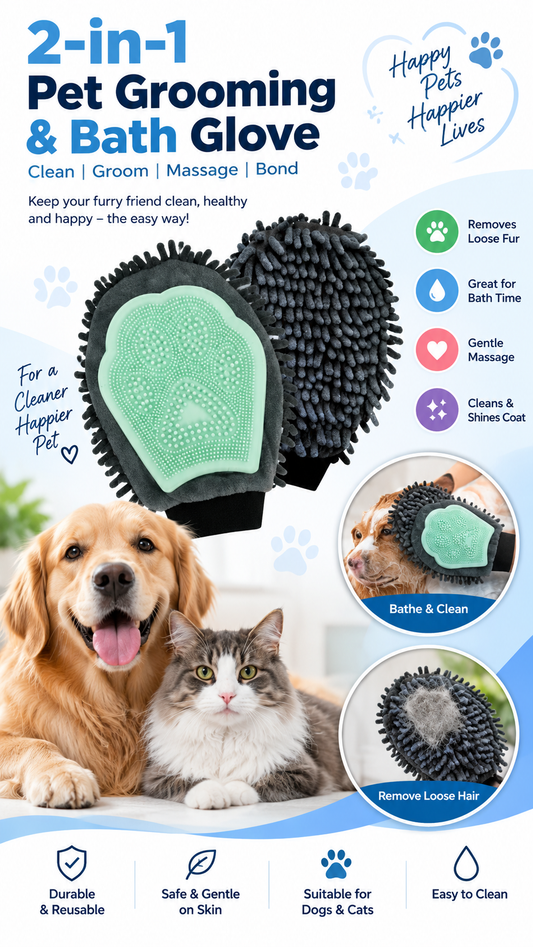 2-in-1 Pet Grooming & Bath Glove – Silicone Massage Brush with Microfiber Cleaning Mitt for Dogs & Cats