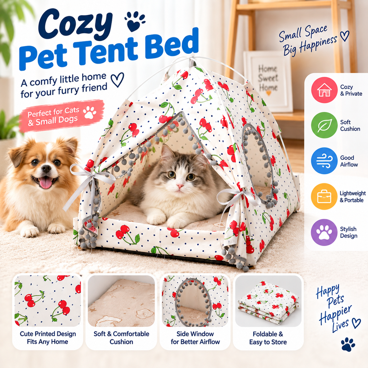 Portable Pet Tent Bed with Soft Cushion – Cozy Indoor Cat & Small Dog House