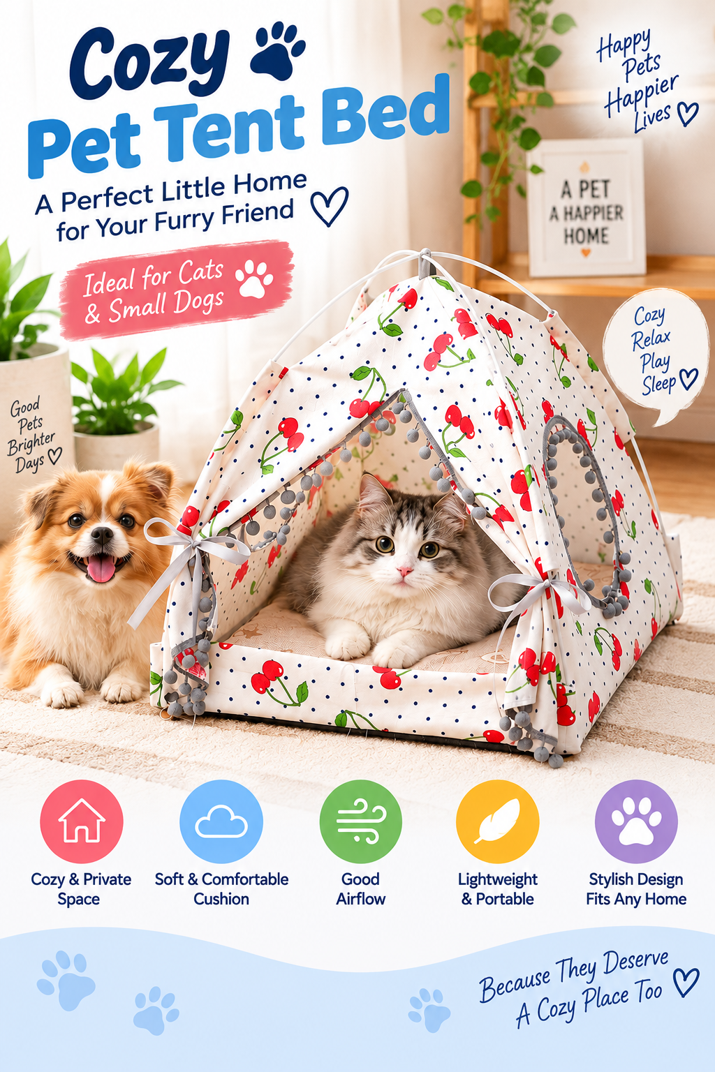 Portable Pet Tent Bed with Soft Cushion – Cozy Indoor Cat & Small Dog House