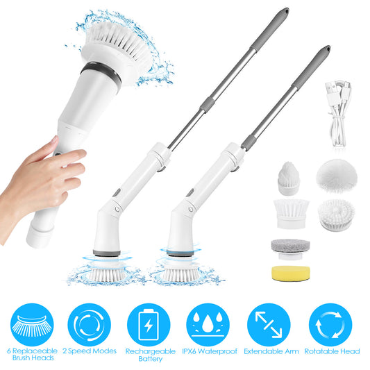 1Set Electric Spin Scrubber Cordless Rechargeable Telescopic Cleaning Brush 6 Replaceable Heads