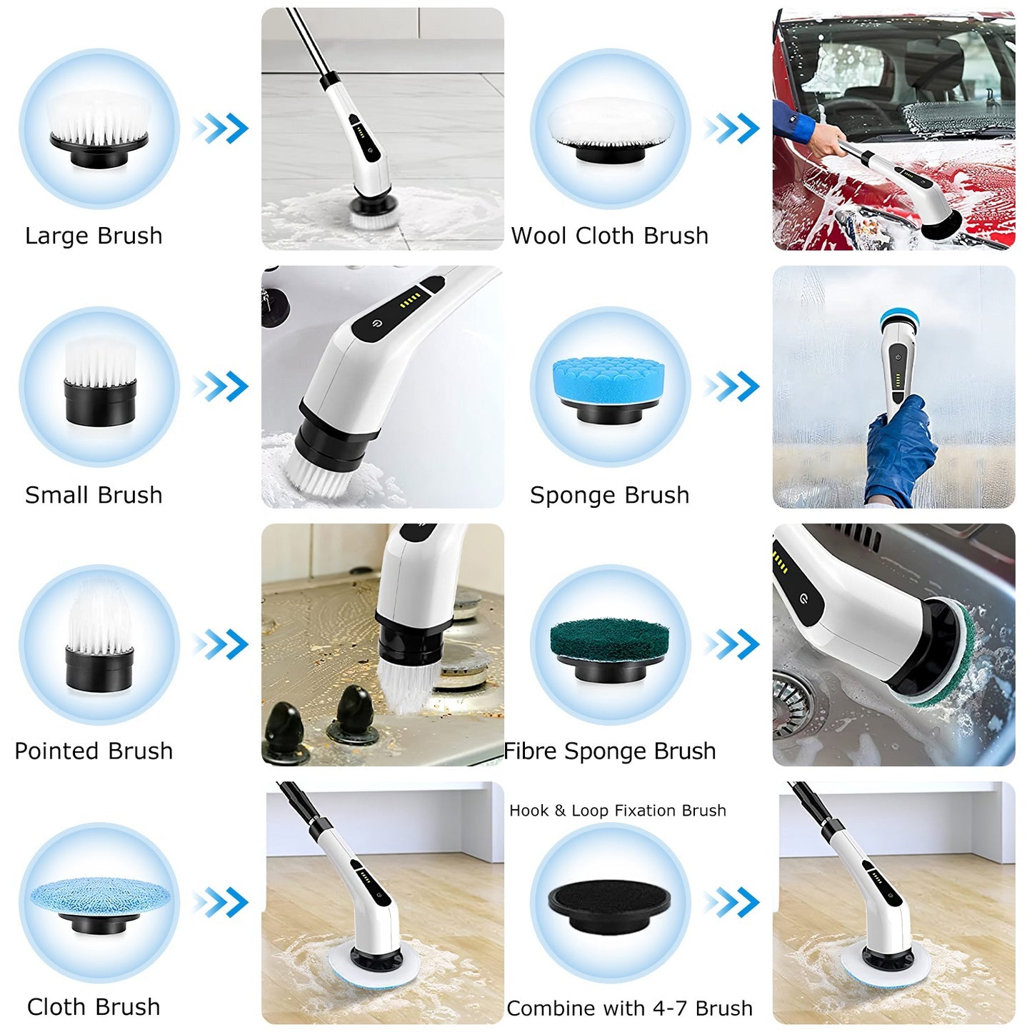 1Pc Electric Spin Scrubber Cordless Rechargeable Telescopic Cleaning Brush 8 Replaceable Heads
