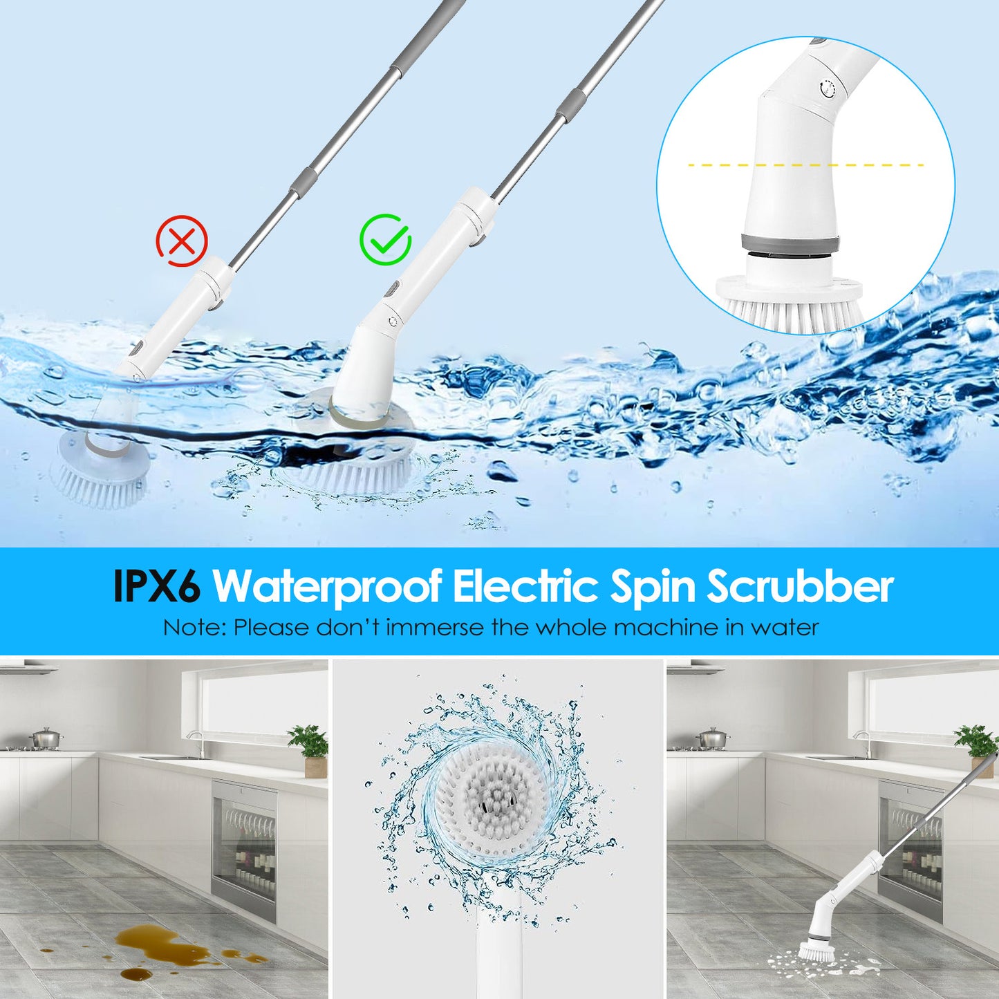 1Set Electric Spin Scrubber Cordless Rechargeable Telescopic Cleaning Brush 6 Replaceable Heads